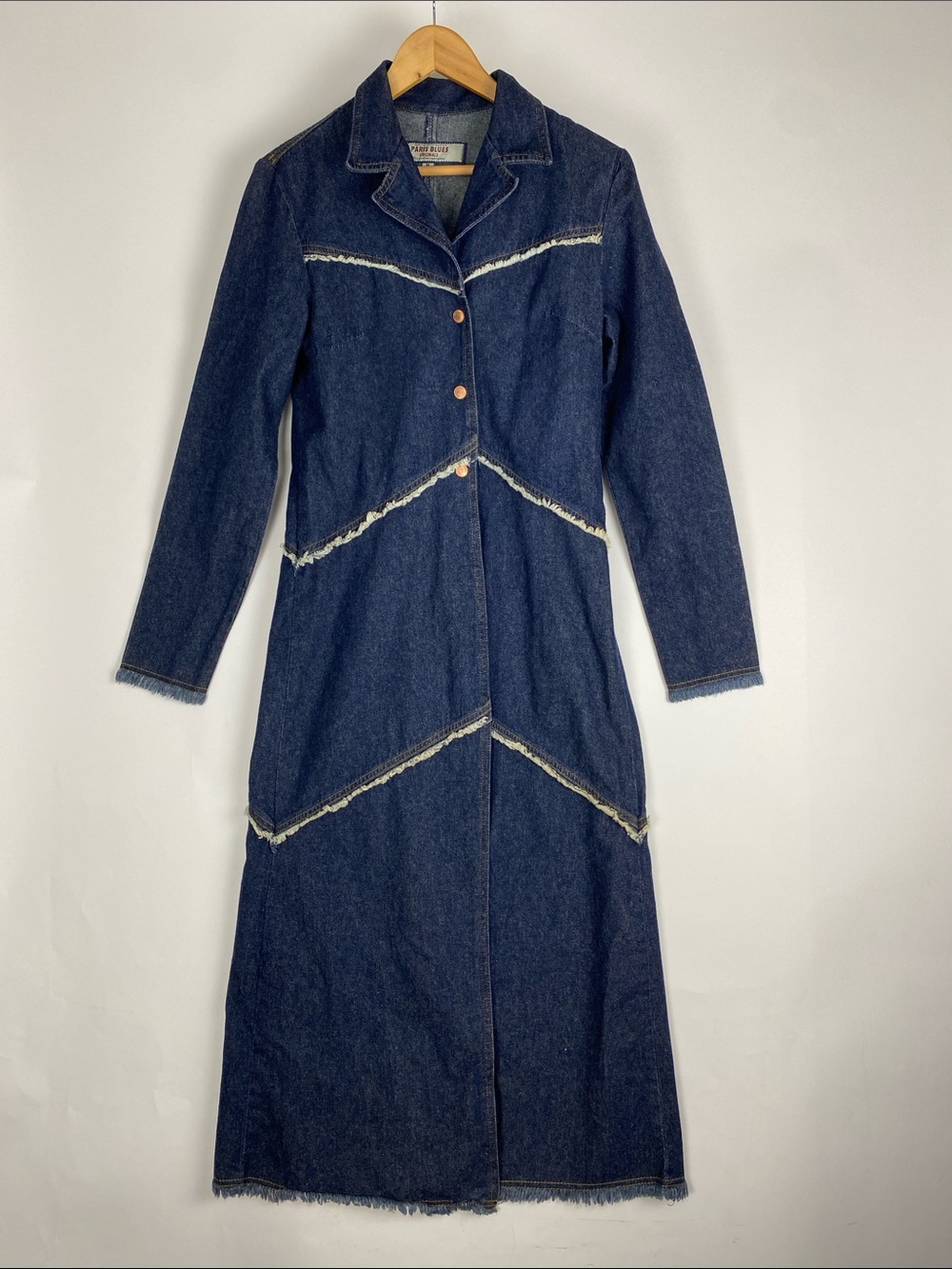 Vtg 90’s Paris Blues Originals Denim Jean Long Jacket Size M Cotton Frayed Boho